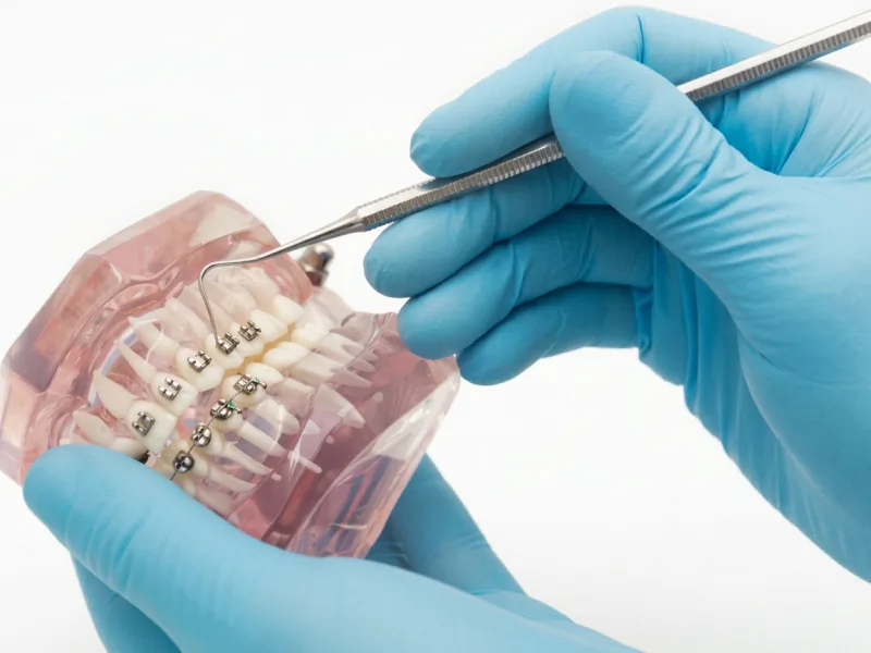 Modelo dental con brackets durante una explicación profesional.